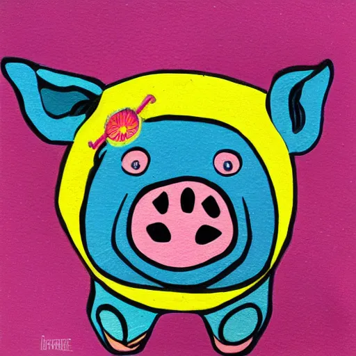 Image similar to pig wearing a simple gold in the style of peter max