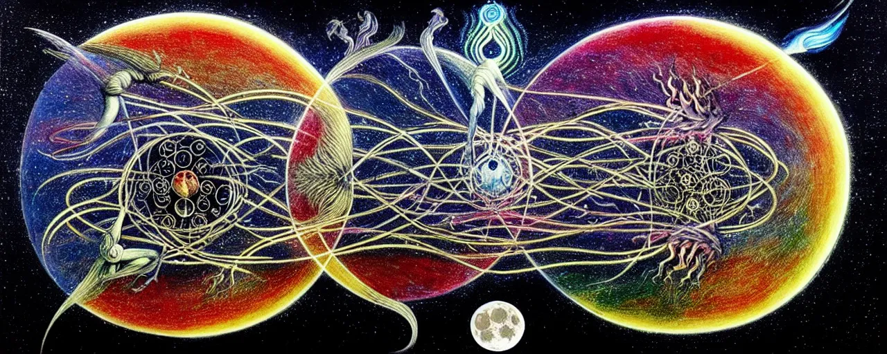 Image similar to a strange beautiful creature from bifrost radiates a unique canto'as above so below'to the moon, while being ignited by the spirit of haeckel and robert fludd, breakthrough is iminent, glory be to the magic within, in honor of saturn, painted by ronny khalil