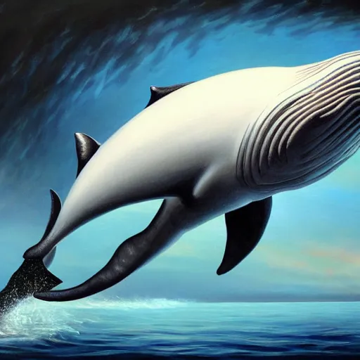 Image similar to a creature with a race car motor engine as its head and the body of a cachalot. a highly detailed, photorealistic painting, an unreal creature, a cachalot whale, a marine creature, 8 k, cyber - punk