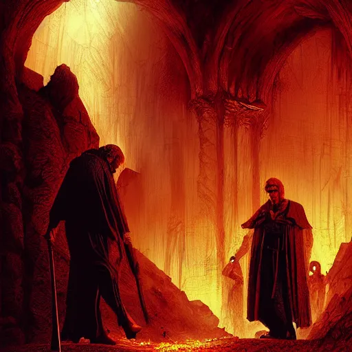 Image similar to Dante Alighieri and the poet Virgil walking through the gates of hell, by Marc Simonetti