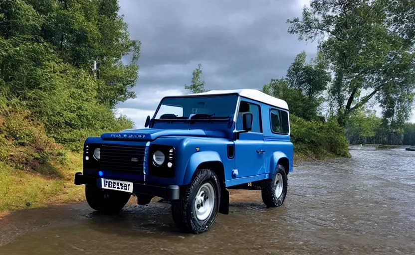 Image similar to “Blue Land Rover Defender in Porvoo in front of river. In the style of GTA 5.”