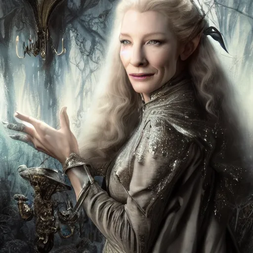 Prompt: portrait of mischievous, dangerous Cate Blanchett's Galadriel as a queen of elves, dressed in a beautiful silvery dress. The background is a dark, creepy eastern europen forrest. night, horroristic shadows, high contrasts, lumnious, theatrical, character concept art by ruan jia, thomas kinkade, and J.Dickenson, trending on Artstation