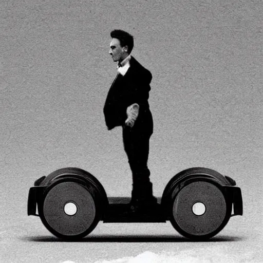 Image similar to nicolas tesla riding on a hoverboard with lighting coming off of it