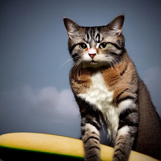 Image similar to an anthropomorphism cat by designed wayne westwood surfing a mega wave, photo taken from the shore, highly detailed photography, 3 0 0 mm, natural light, bokeh effect