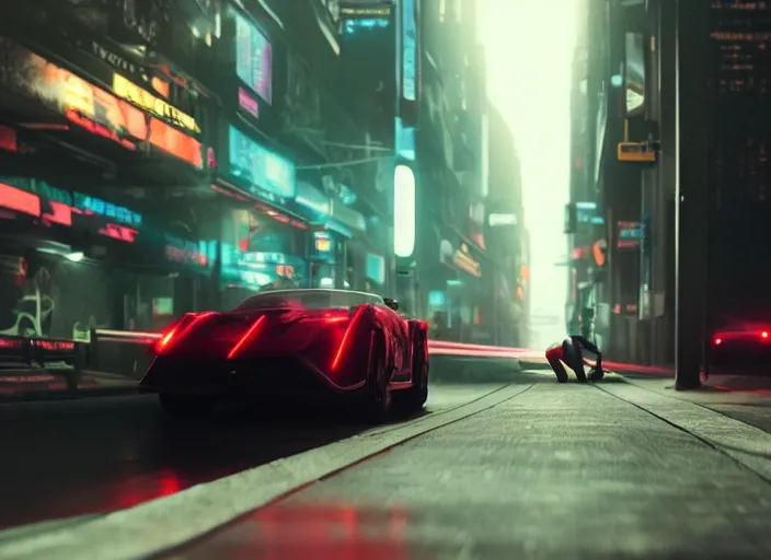 Image similar to Bladerunner2049 street racing man leaning cool pose on his black sports car red emissives volumetric lighting Cyberpunk RTX ray marching street