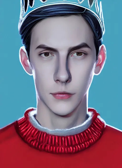 Image similar to portrait of teenage jughead jones wearing a light grey crown, crown, blue turtleneck, 1 9 5 0 s, closed eyes, photorealistic, black hair, glowing lighting, intricate, elegant, glowing lights, highly detailed, digital painting, artstation, concept art, smooth, sharp focus, illustration, art by wlop, mars ravelo and greg rutkowski