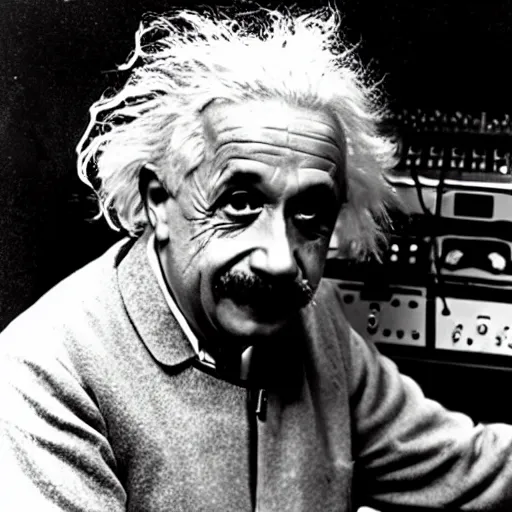 Image similar to photo of albert einstein as a dj behind the dj decks in the club