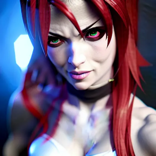 Image similar to Katarina from League of Legends, photorealistic studio portrait, studio lighting, unreal engine 5, hyperrealistic, dynamic lighting, white ambient background, realistic, highly detailed