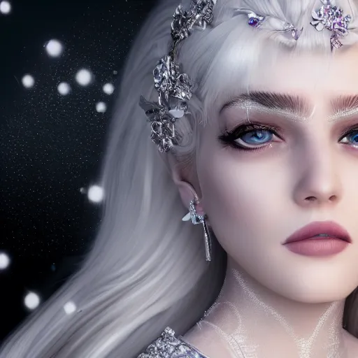 Prompt: portrait of wonderfu princess of white diamonds with fair skin, white hair, white flowers, ornate with white diamonds, 8 k, gorgeous, intricate, detailed, glowing white accent lighting, dramatic lighting, octane render