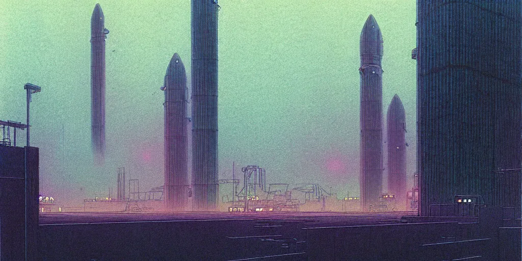 Image similar to grainy risograph matte painting of gigantic huge mech covered with rocket launchers, gattaca, pastel matte colors, staying in the foggy huge parking station, by moebius, hyperrealism, intricate detailed