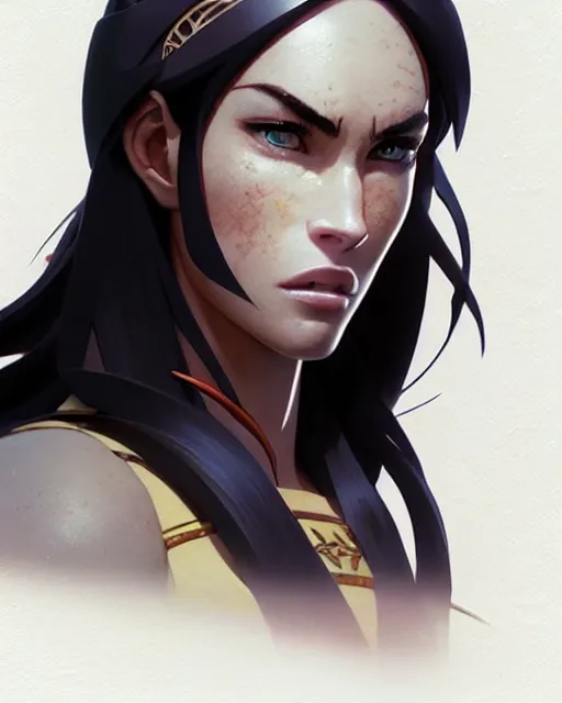 Image similar to azctec warrior, megan fox, detailed perfect face, exquisite details, fire magic, mid view, design on a white background, by studio muti, greg rutkowski makoto shinkai takashi takeuchi studio ghibli