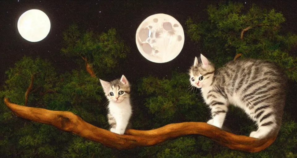 Image similar to a kitten standing on a tree and looking at the moon, night