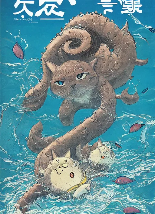 Image similar to japanese magazine cover of one giant cat in the middle of the sea illustrated by miyazaki, hiroyuki kato, keisuke goto, highly detailed, concept art, illustration art