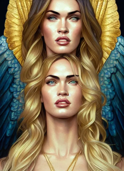 Image similar to portrait of megan fox as an blonde angel, wings, bible, greek, gold, jewelry, intricate, headshot, highly detailed, digital painting, artstation, concept art, sharp focus, cinematic lighting, illustration, art by artgerm and greg rutkowski, alphonse mucha, cgsociety