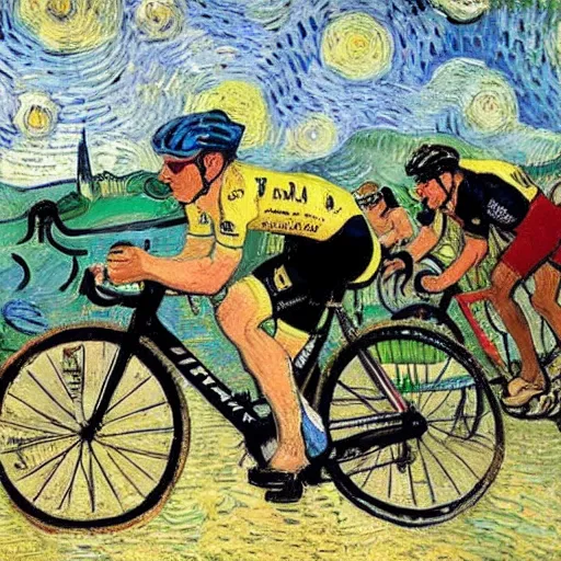 Prompt: jonas vingegaard on his bike in tour de france art by van gogh.