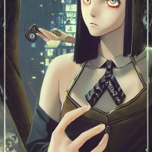 Image similar to precisely drawn illustration of anime wednesday addams tarot card, wide angle, sharp, fine details, anime, manga, cyberpunk, realistic shaded lighting by katsuhiro otomo ghost-in-the-shell, magali villeneuve, artgerm, rutkowski Jeremy Lipkin and Giuseppe Dangelico Pino and Michael Garmash and Rob Rey