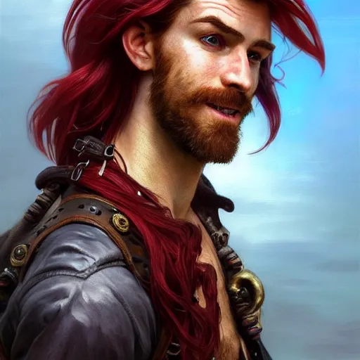 Prompt: portrait of a young ruggedly handsome but joyful pirate, male, masculine, upper body, deep red crimson hair, long hair, d & d, fantasy, roguish smirk, intricate, elegant, highly detailed, digital painting, artstation, concept art, matte, sharp focus, illustration, art by artgerm and greg rutkowski and alphonse mucha