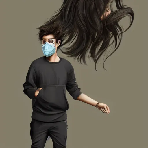 Prompt: professional digital art of a young adult man with slightly long hair wearing a black face mask and an oversized dark sweatshirt and dark sweatpants, high quality, HD, 8K, highly detailed, award-winning, sci-fi, fantasy, movie