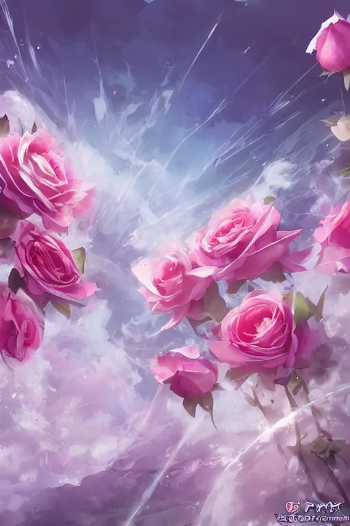 Image similar to background concept art magic invisible blades slicing through a bouquet of white and pink roses, flowers exploding and spraying, big puffy clouds, large rose petals, lotus petals, large polygonal background elements, large polygons, dramatic anime, dramatic lighting, artgerm, manga, trending on artstation, marco bucci, mature colors