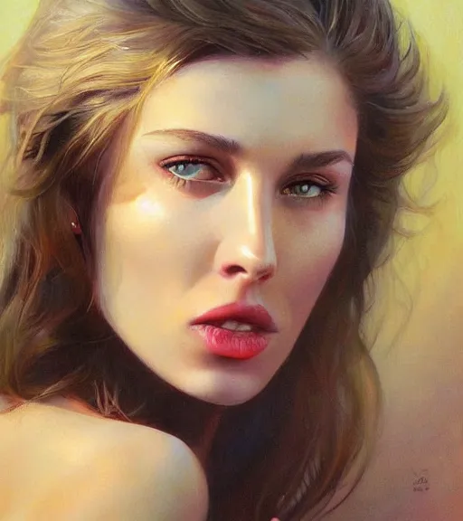 Image similar to natali portman, portrait, illustration, rim light, top light, perfectly shaded, spring time, slight overcast lighting, soft painting, art by boris vallejo