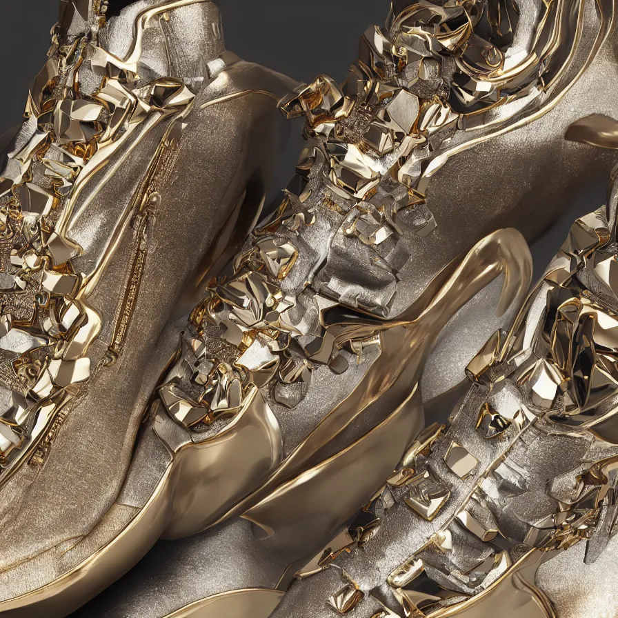 Image similar to futuristic balenciaga sneakers, nft art, highly detailed, hyper realistic, a ton of bussdown iced gold bling in wallace & gromit strata - cut claymation, ultra realistic, concept art, intricate details, serious, highly detailed, photorealistic, octane render, 8 k, unreal engine