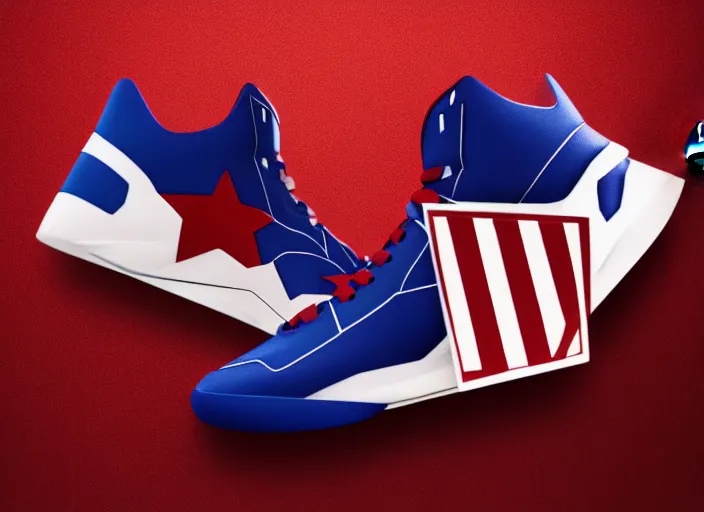 Image similar to basketball sneakers concept of captain america, digital, octane render, smooth, sharp focus
