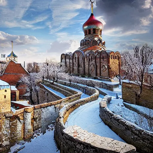 Prompt: photo fantastic ancient Russian city of Kitezh, ancient Russian architecture, concept art, photo of Breeze Kaze,