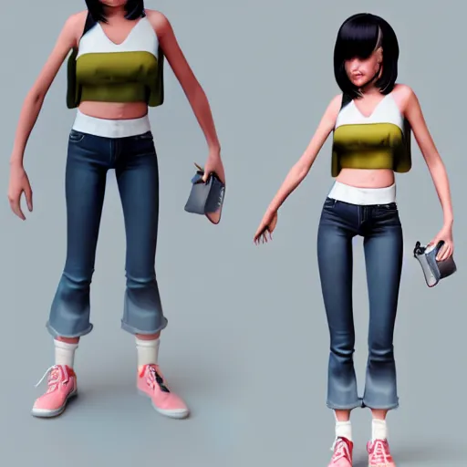 Prompt: Full body 3D rendered of a cute cartoon female character, she has short hair and wear boyish outfit, video game art, Unreal Engine, trending on artstation