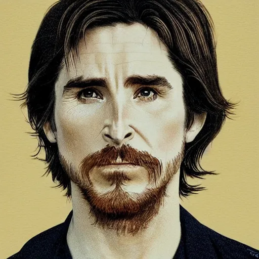 Image similar to “ christian bale portrait by ikenaga yasunari and ayana otake and ko rakusui, 6 0 s poster, drawing, realistic, sharp focus, japanese, dreamy, nostalgia, faded, golden hues, floral clothes, porcelain skin ”