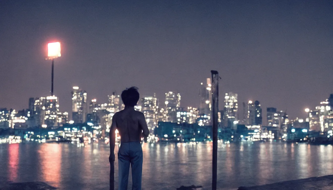 Image similar to 80s asian neon movie still with a lone man levitating on a pier overlooking the river at night with city lights behind his back. Fallen angels movie still. hyperrealistic, high definition, medium format photography, highly detailed, tehnicolor, anamorphic 50mm lens