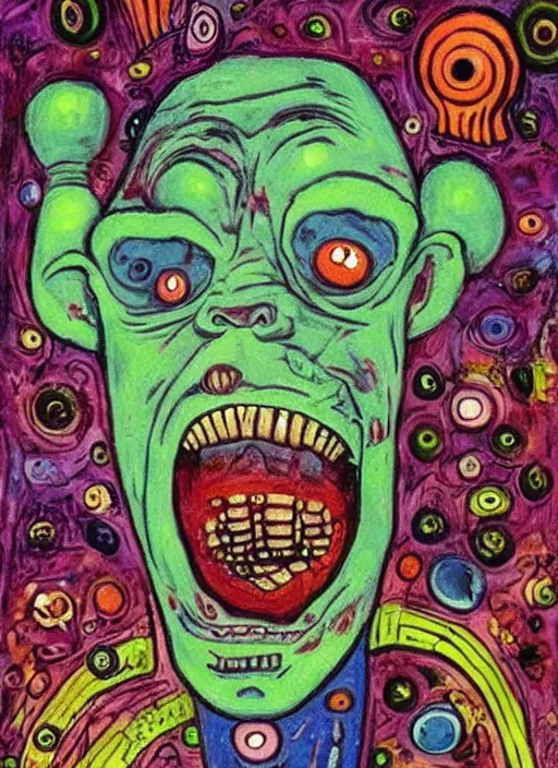 Prompt: a crazy alien art horror portrait, which has weird stretched out eyes and a misshapen mouth, chaotic fulcolor background, art brut by a psycho man, color crazy outsider art bad painting