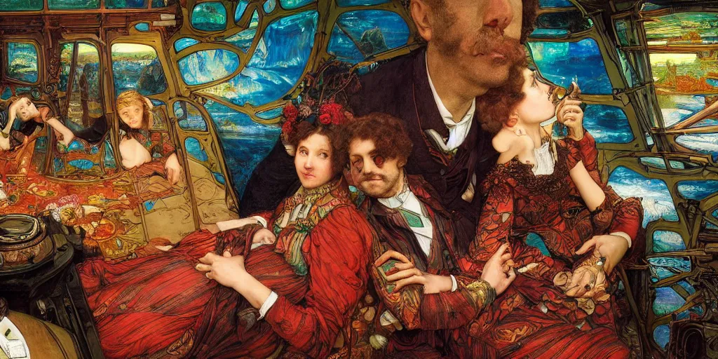 Prompt: detailed colourful masterpiece of photography couple portrait sat down extreme closeup, inside an underwater train, by william powell frith and ford maddox brown and kilian eng and and frederic leighton and john william waterhouse and greg hildebrandt