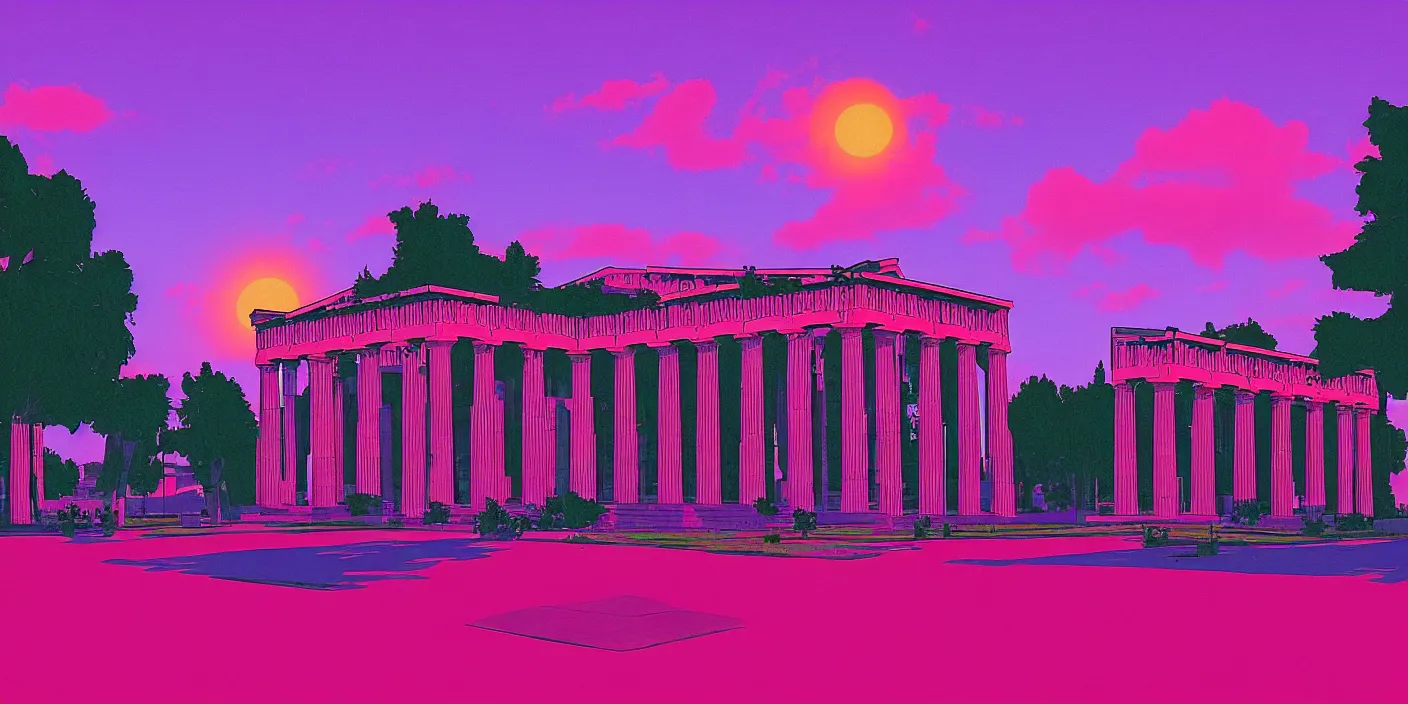 Image similar to the school of athenes paiting in synthwave style