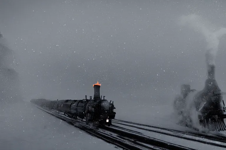 Image similar to an old steam engine is rushing through the snow storm in high speed, white steam on the side, and dark smoke with fire from the pipes, dynamic angled shot, low angle, wide shot, speed lines, fire particles and snowflakes everywhere, 8k, hyperrealistic, ultra sharp, octane render, unreal engine, light breaks through the sky, epic mountains in the background, artstation, very detailed, 16k, cinematic scenery,