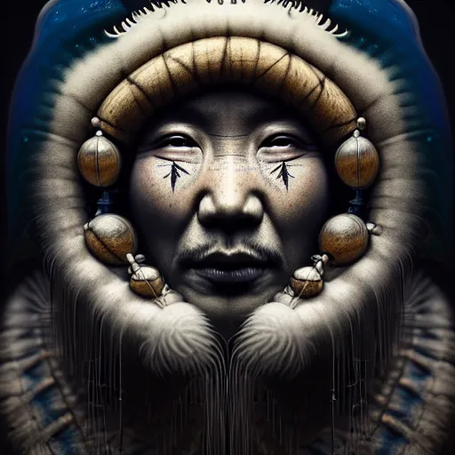 Image similar to a beautiful surreal illustration of an inuit shaman, highly detailed, liquid oilpaint, doug chiang, gustave dore, leonardo da vinci, trending on artstation, industry, lucid and intricate, rectilinear, digital art, octane, redshift, vray, 8 k, 6 4 megapixels, zbrush central, behance hd, hypermaximalist, well rendered