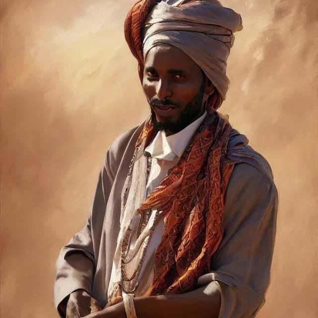 Image similar to somali man, somali attire, portrait, elegant, intricate, digital painting, artstation, concept art, smooth, sharp focus, illustration, art by konstantin korovin and daniel f. gerhartz and john howe