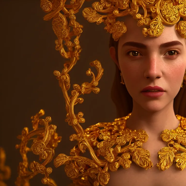 Image similar to wonderful princess of vines with a clear skin, ornate 8 k gorgeous intricate gold detailed, accent lighting, dramatic light, octane render