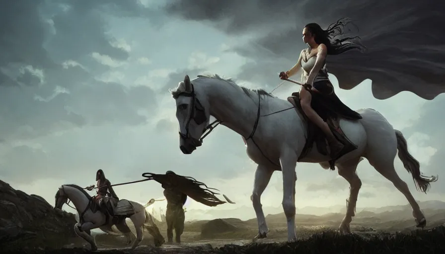 Prompt: gal gadot riding a white horse, an epic fantasy, dramatic lighting, cinematic, establishing shot, extremely high detail, photorealistic, cinematic lighting, artstation, by simon stalenhag, shadow of the tomb rider