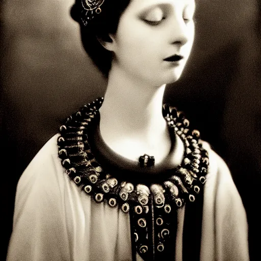 Image similar to black and white photographic dreamy portrait, biomechanical beautiful young female priestess, volumetric light, rim light, by dora maar and cecile beaton, big gothic fashion pearl embroidered collar, 8 k