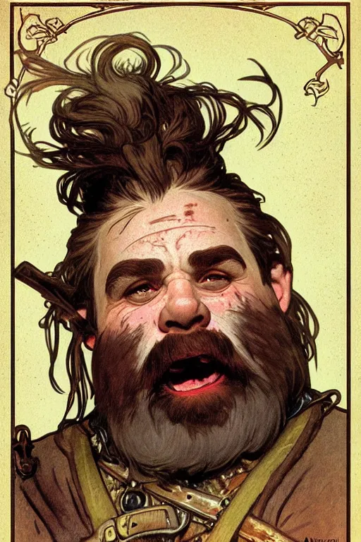 Image similar to head and shoulders portrait of a dwarf adventurer, jovial, scarred lip, grandfatherly, leather armor, male, tavern background, high fantasy, d & d, by alphonse mucha, face details, extremely detailed, digital illustration