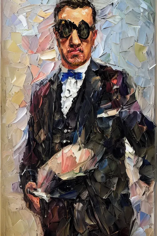 Prompt: palette knife oil painting portrait of graham, a fellow in a three - piece suit and single monocle covering his right eye, peering over from his heavy, lacquered oak reception desk, extreme detail, artstation trending, artgerm, any racial background, deviant art, octane, substance, art history 8 k