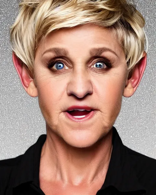Image similar to headshot of an angry ellen degeneres as a goat person, she looks like a demonic mythological satyr, her eyes look like goat eyes with black horizontal pupils, she has long goat like ears, and goat horns on her head, her skin is covered in goat fur, 8 k, photo shoot, 9 inch kershaw soft focus lens f / 5. 6 bokeh