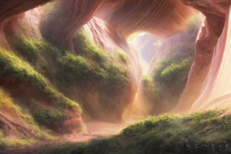 Prompt: Celestial majestic luxurios futuristic other worldly realm with Singaporean royal gold lush volcano, set on Antelope Canyon with white thermal waters flowing down pink travertine terraces, relaxing, ethereal and dreamy, thunderstorms and multiversal tornado, visually stunning, from Star Trek 2021, illustration, by WLOP and Ruan Jia and Mandy Jurgens and William-Adolphe Bouguereau, Artgerm