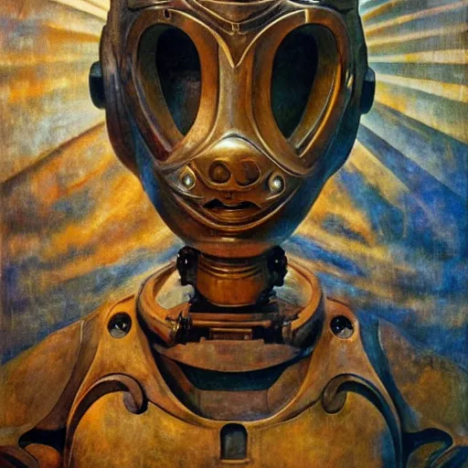 Image similar to the last guest in her robot castle mask, by Annie Swynnerton and Diego Rivera, symbolist, dramatic lighting, elaborate geometric ornament, god rays, soft cool colors,smooth, sharp focus, extremely detailed