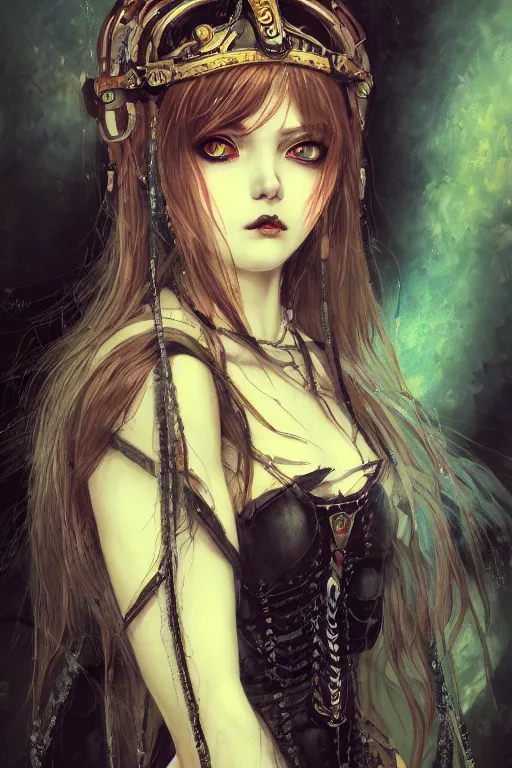 Image similar to portrait of beautiful young gothic maiden, cute anime face, cyberpunk, Warhammer, highly detailed, artstation, illustration, art by Gustav Klimt