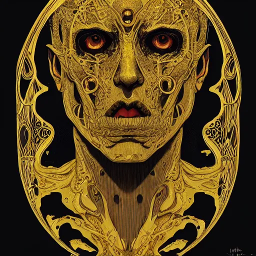 Image similar to vampiric human bloody head, highly detailed and intricate, golden ratio, dark gradient ink with intricate designs, hypermaximalist, elite, horror, creepy, ominous, haunting, majestic, ephemeral detailed art style by Olivier Ledroit and Mike Mignola and cgsociety, Victo Ngai and Artstation trending, art nouveau 8k