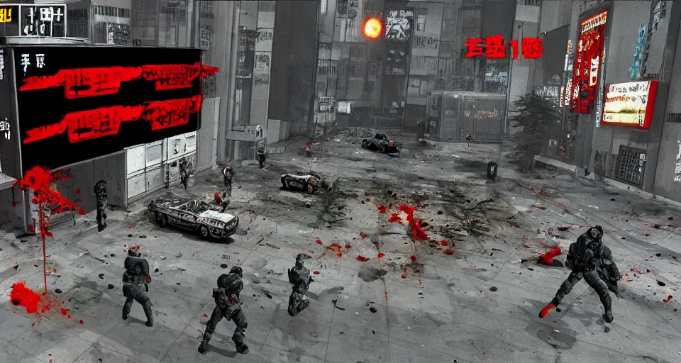 Image similar to 1993 Video Game screenshot for Akira style Anime Neo-tokyo Cyborg bank robbers vs police, Set inside of the Bank, Open Bank Vault, Multiplayer set-piece Ambush, Tactical Squads :10, Police officers under heavy fire, Destructible Enviorments, Gunshots, Bullet Holes and Anime Blood Splatter, :10 Gas Grenades, Riot Shields, MP5, AK45, MP7, P90, Chaos, Anime Machine Gun Fire, Gunplay, Shootout, :14 80s anime style, FLCL + GOLGO 13 :10, Created by Katsuhiro Otomo + Studio Gainax: 20