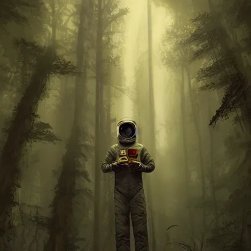 Image similar to character concept of an astronaut, with beer bottle in hand, ima dark rain forest at night, foggy, eerie, highly detailed, digital painting, artstation, concept art, symmetry, smooth, sharp focus, illustration, art by artgerm and greg rutkowski and alphonse mucha