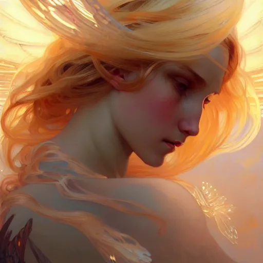 Image similar to A girl with blonde hair, glowing halo, huge highly detailed wings, fantasy, intricate, elegant, highly detailed, digital painting, artstation, concept art, smooth, sharp focus, illustration, art by Krenz Cushart and Artem Demura and alphonse mucha