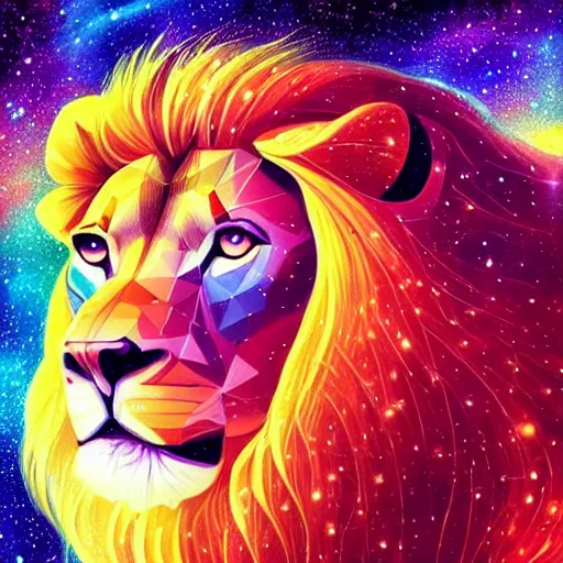 Image similar to geometric lion with galaxy eyes in space, nebula in the background, intricate, elegant, highly detailed, digital painting, artstation, concept art, smooth, sharp focus, illustration, art by artgerm